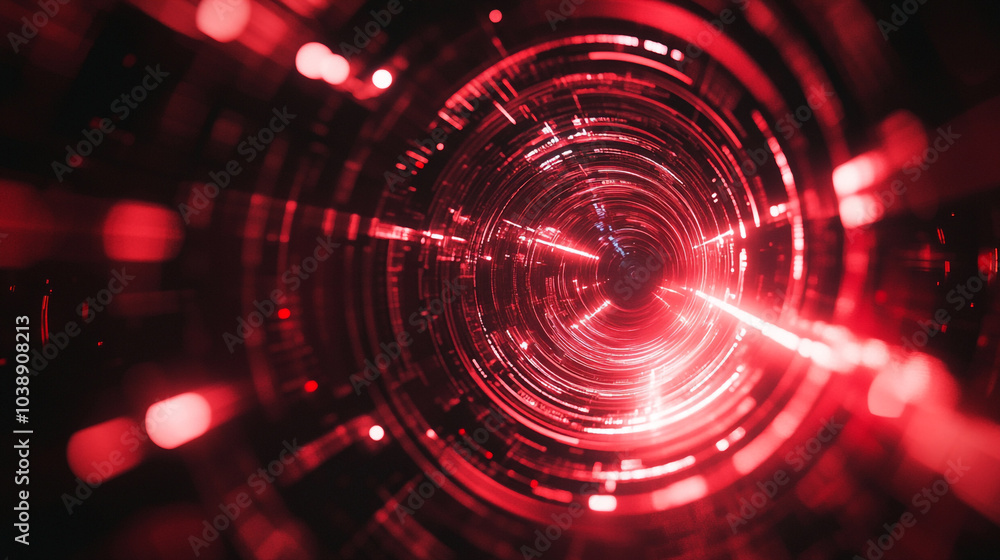Poster exploring a vivid red tunnel of light and energy with intricate patterns