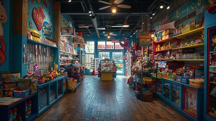 Naklejka premium A lively and colorful toy store interior, packed with a variety of toys, games, and decorations, radiating vibrancy