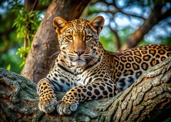 Obraz premium A breathtaking drone perspective reveals a leopard lounging peacefully in a tree.