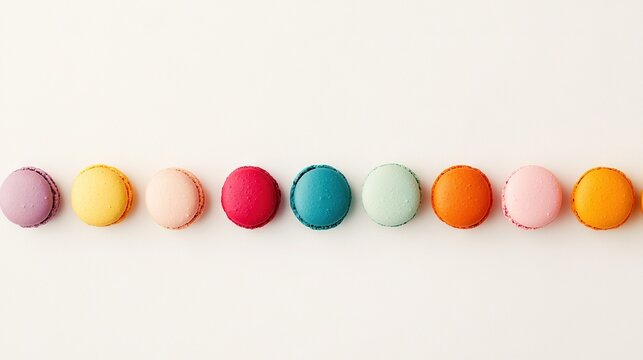   A line of distinctively hued eggs positioned atop a pristine white background, with an egg centrally aligned