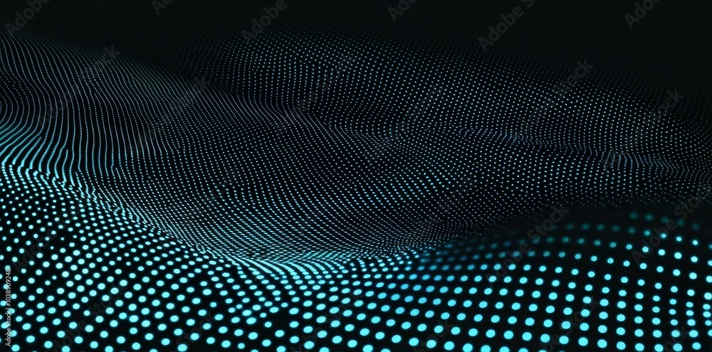 Aufkleber an abstract 3d curve halftone pattern with dots, particles, and wave shapes isolated on black backgr