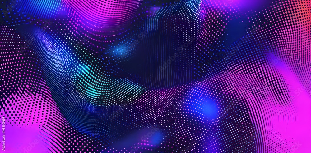 Poster wave pattern of flowing dots particles 3d curve halftone blue green gradient curve shape isolated on
