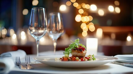 Fototapeta premium Elegant dining setup with gourmet dish, wine glasses, and soft lighting.