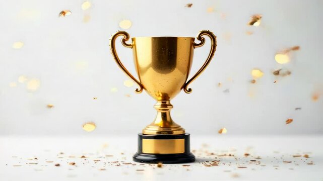 Golden winners sports cup on white background with confetti. Symbol of winner, sport competition, champion games.