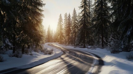 Obraz premium Snowy Forest Road at Sunset