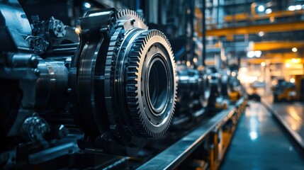 Close-up of industrial machinery components in a manufacturing setting.