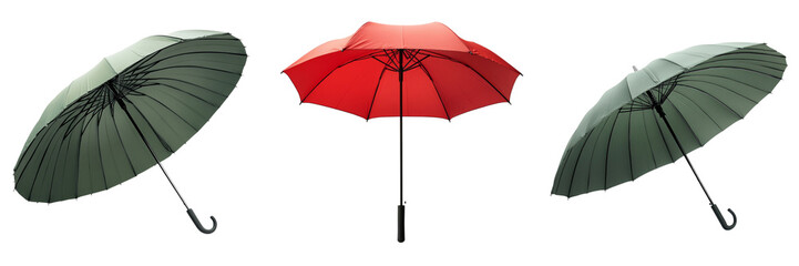 Set of A stylish black windproof straight handle umbrella made from thicken pongee material on transparent background. Ai generated