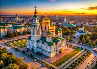 Aerial view captures the beauty of Astrakhan Kremlin, Assumption Cathedral bathed in sunset.