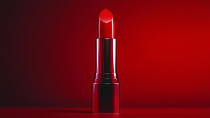 Bright red lipstick on a vibrant red background, showcasing beauty and glamour.