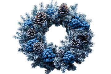 Blue Christmas flocked wreath isolated on transparent background, png file, no background png file