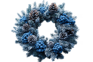 Blue Christmas flocked wreath isolated on transparent background, png file, no background png file