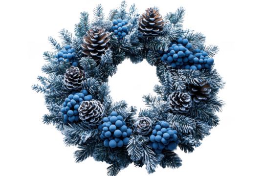 Blue Christmas flocked wreath isolated on transparent background, png file, no background png file