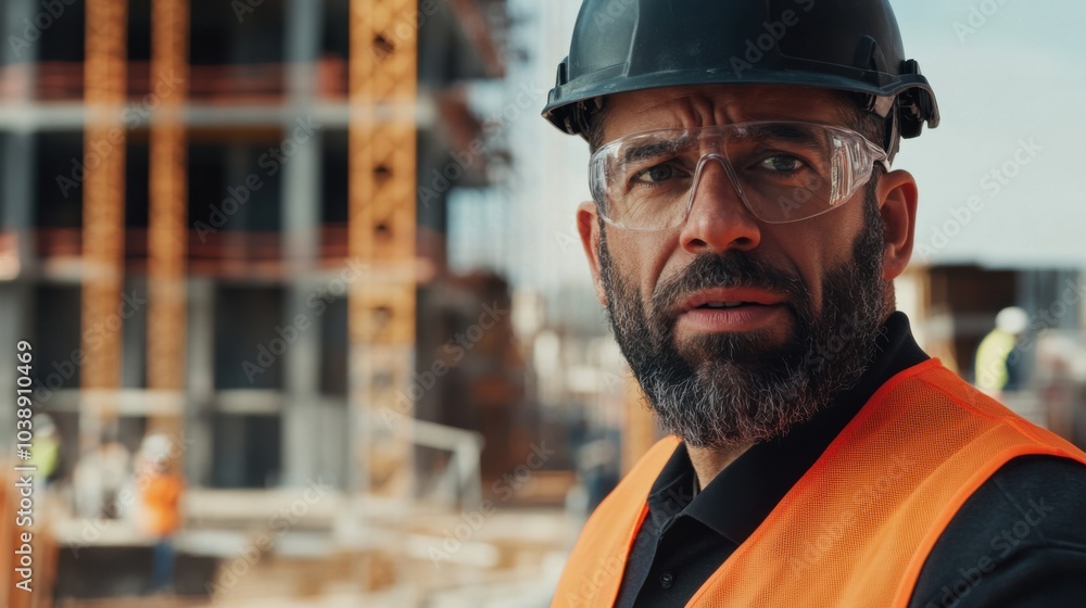 Poster a close-up of a construction foreman in a black hard hat and orange vest, discussing plans with work