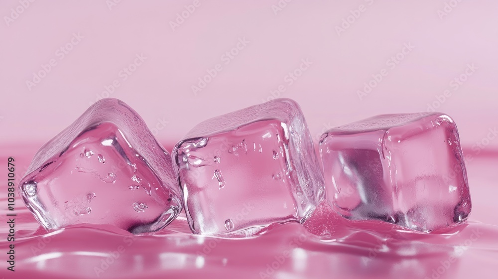 Poster three ice cubes on a pink surface, reflecting light and creating a refreshing aesthetic.