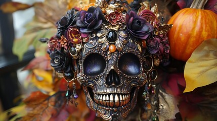 Colorful decorative skull with flowers, pumpkins, and autumn leaves, showcasing traditional celebration.