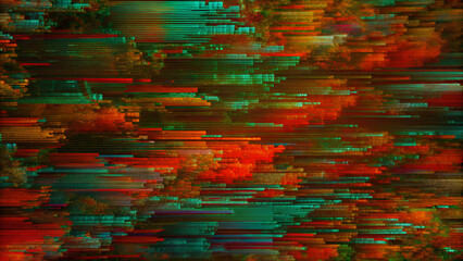 Digital glitch background with vibrant green and red colors creating an abstract distortion effect
