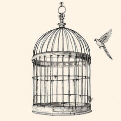 Vintage line art: a simple, minimalist sketch of a bird cage