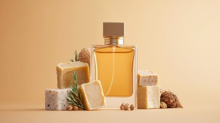 Elegant Perfume Mockup with Artisan Soaps and Natural Elements, Enhanced by Ultra-Detailed, Cinematic Light