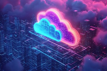 A cityscape with cloud computing. The cloud is surrounded by buildings and roads and it is glowing with Isometric big data neon color. Concept of futuristic technology and a bustling urban environment