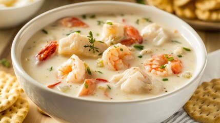 A tempting bowl of creamy seafood chowder filled with shrimp, crab, and chunks of tender fish