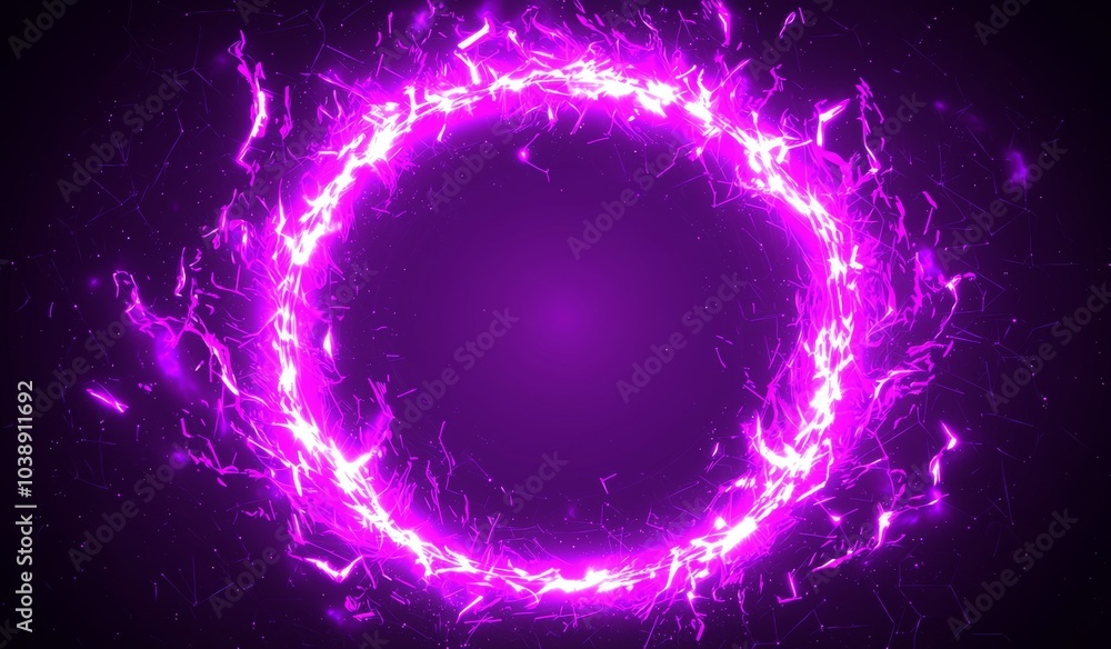 Poster particles banner for stock technology. dots explosion around a neon round background for big data. s