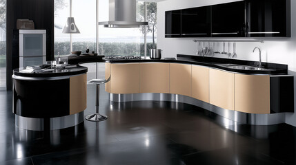 Simple kitchen layout with open cabinets and minimalist utensils