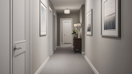 Simple hallway with light gray walls and a single, colorful framed artwork for a pop of color
