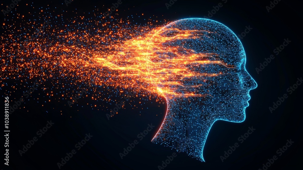 Aufkleber create an ai that represents the flow of data as a human head, and add digital patterns or flows abo