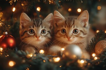 Two adorable kittens nestled among Christmas decorations and twinkling fairy lights