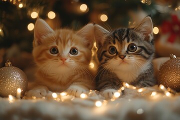 Two adorable kittens sitting among holiday decorations with twinkling lights at home