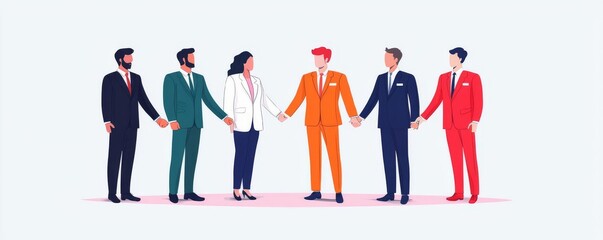 Diverse group of business professionals holding hands in colorful suits, symbolizing unity and teamwork.