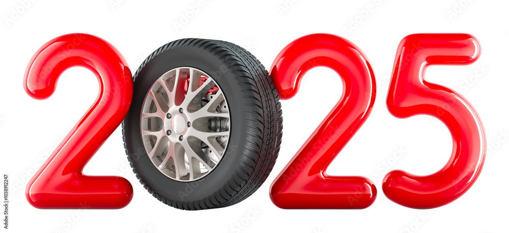 Poster 2025 auto concept with car wheel. 3d rendering isolated on transparent background