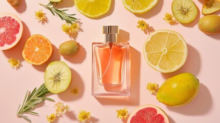 Elegant Perfume Mockup with Seasonal Fruits and Flowers in Cinematic Light