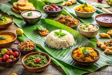 A South Indian banana leaf feast, a symphony of aromas and flavors, waiting to be savored.