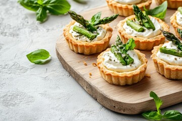 Top view of mini tarts filled with cream cheese and green asparagus on a wooden board against a light concrete backdrop Selective focus