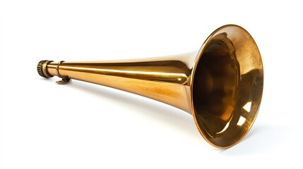Obraz premium A shiny brass horn with a wide bell, showcasing its polished surface and classic design, ready to produce rich musical tones.