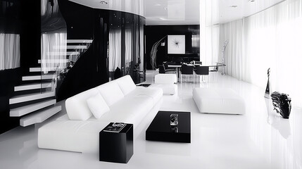 Spacious living room with a black-and-white color scheme, large modern sofa, and clean lines