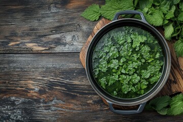 Top view of spring nettle soup in a pan on a rustic table Culinary and medicinal herb