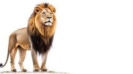 A majestic lion stands confidently, exuding strength and regality against a plain background, showcasing its impressive mane and powerful presence.