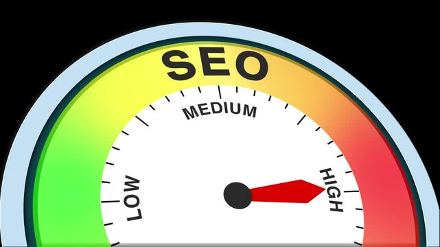 SEO Level Text or Word Low and Medium to High Meter Concept Animation on Black Background and Blue Screen
