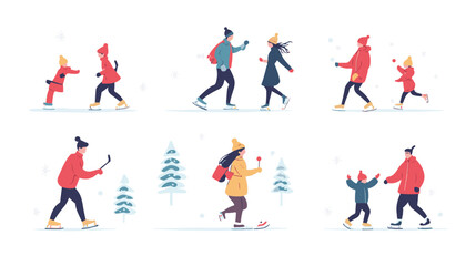 Winter vacation set. Families, children skating on ice, sledding, country houses. Flat vector illustrations.
