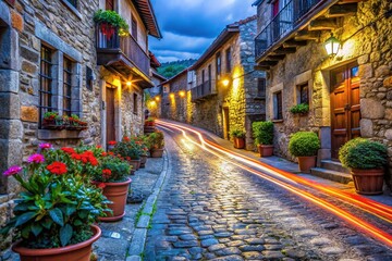 Fototapeta premium A vibrant display of potted plants brightens Barcena's historic cobblestone street.
