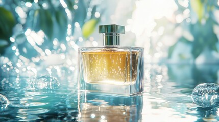Serene Elegance: Luxury Perfume Mockup in Tranquil Water Scene with Cinematic Lighting