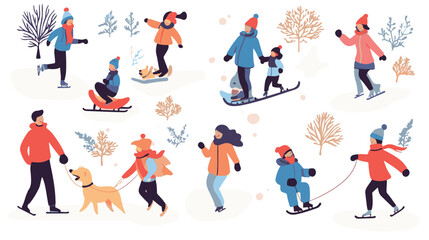 Winter vacation set. Families, children skating on ice, sledding, country houses. Flat vector illustrations.
