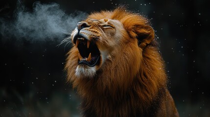 Fototapeta premium A Beautiful Lion Roaring with Its Mouth Open, with Smoke Emerging from Its Eyes and Teeth, Against a Dark Background, in a High-Resolution, Hyper-Realistic Photograph 