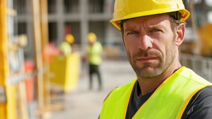 Fototapeta premium A close-up of a construction safety officer in a bright yellow vest and helmet, inspecting safety equipment and looking at the camera with a serious expression