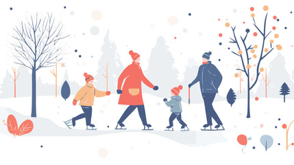 Winter vacation set. Families, children skating on ice, sledding, country houses. Flat vector illustrations.
