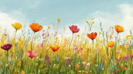 Naklejka premium A vibrant field of colorful flowers under a blue sky, evoking beauty and serenity.