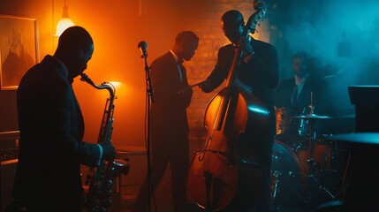 Fototapeta premium Intimate jazz performance featuring musicians in a dimly lit, smoky atmosphere with colorful lighting.