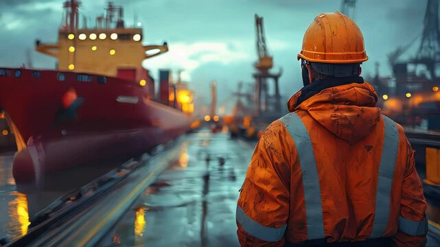 Port worker in orange uniform supervising near a large ship at the dock. Industrial and maritime environment with cranes in the background